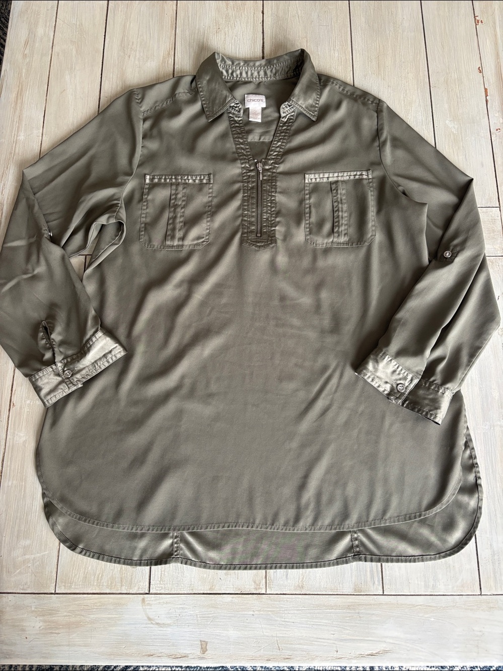 Chico’s Olive Green Blouse With Satin Accents & Collar 2 Large